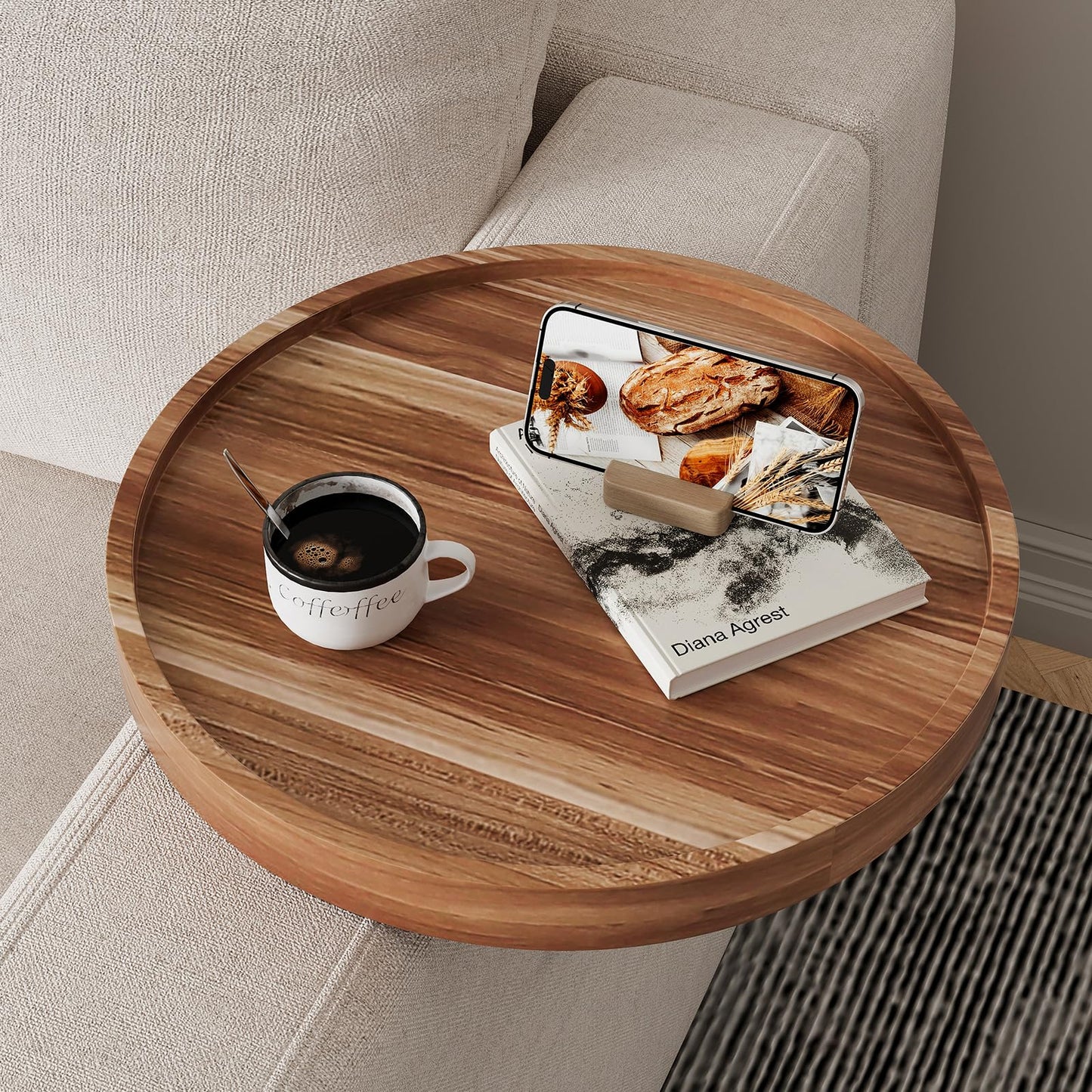 Semjar Acacia Wood Couch Arm Tray Table,Anti-Slip Adjustable Round Sofa Arm Tray,Wooden Armrest Caddy Table for Couches,Arm Chair Companion for Drinks Cellphone TV Remote Snacks