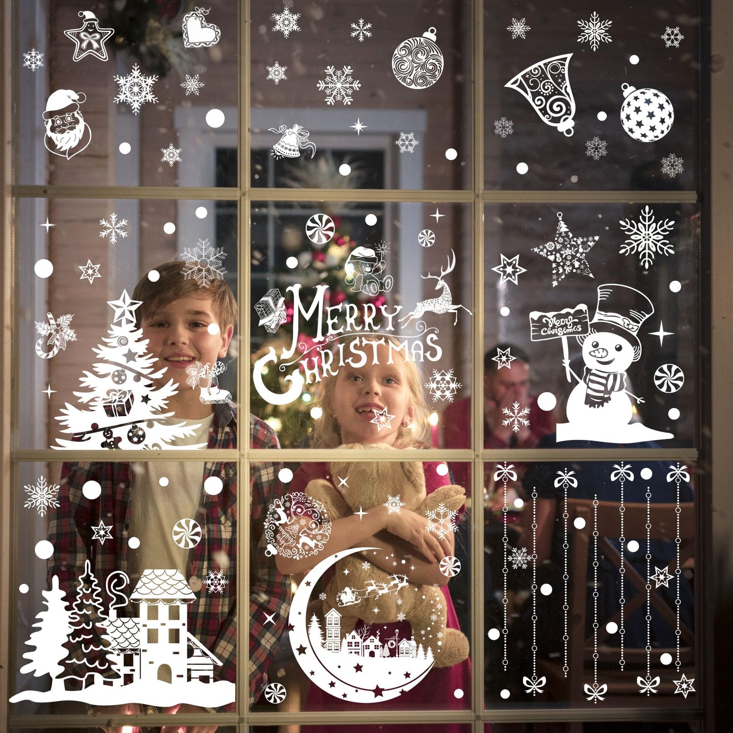 Joeyan Christmas Window Stickers, 9 Sheets Large Christmas Window Clings Decals White Double Sided PVC Snowflake Snowman Xmas Tree Scene Static Sticker for Christmas Decorations, 202 Pcs