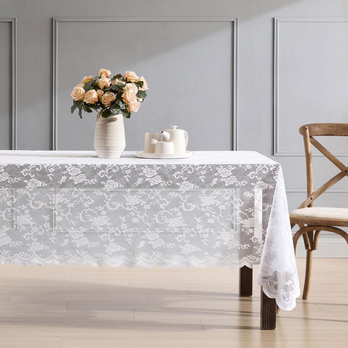 HLC.ME Harper Floral Lace Fabric Tablecloth, Lace Fabric Table Cloth for Rectangle Tables, Wrinkle Resistant Tablecloth, Patterned Scalloped Tablecloth (60 W x 84 L, White)