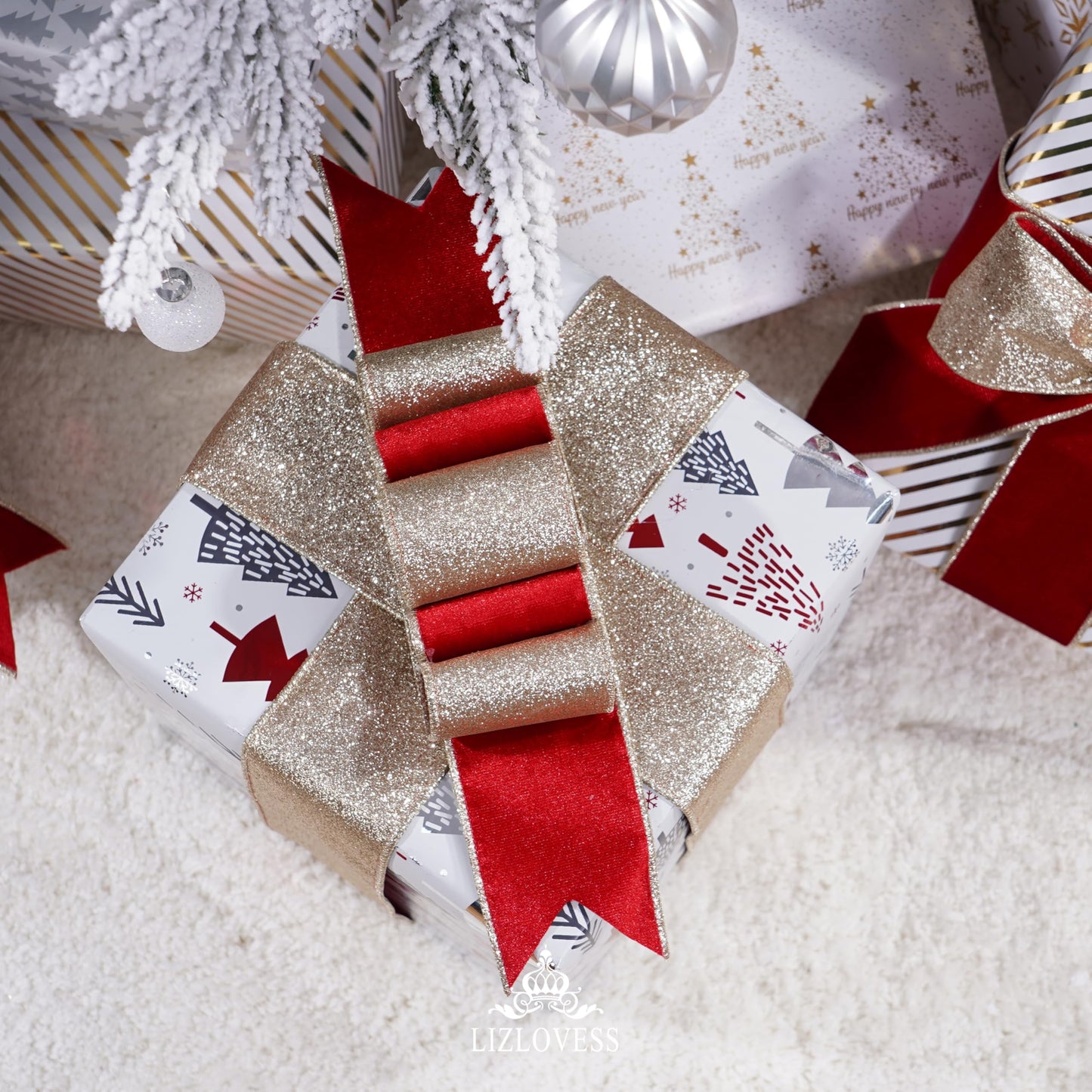 LIZLOVESS Red Velvet Wired Ribbon with Glitter Back 2.5 Inch Red and Gold Christmas Ribbon Wired Ribbon for Christmas Tree, Gift Wrapping, Mantel, Wreaths Supplies, Topper Bows (10 Yards)