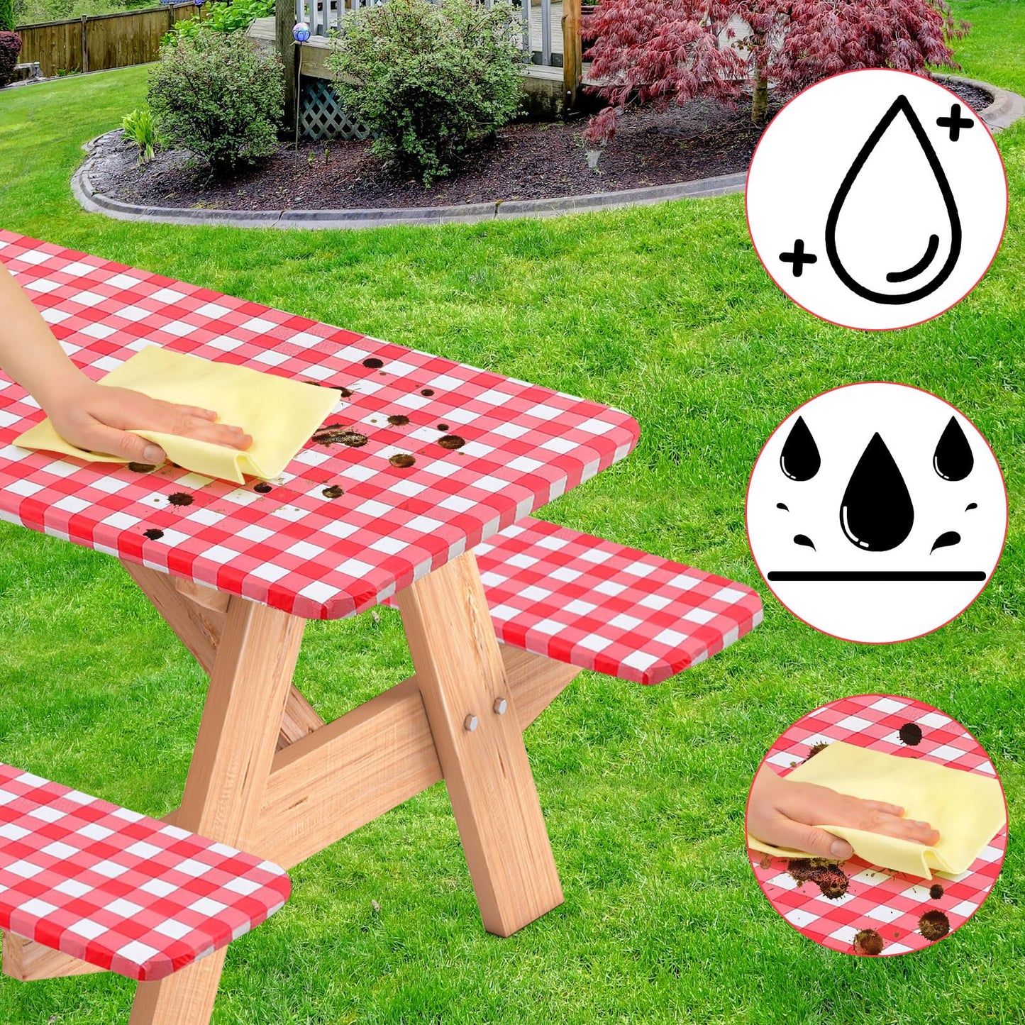 BOUBONI 3 Pcs Set Fitted Picnic Table Cover with Bench Covers Vinyl Camping Table Cloth Flannel Backing for 6ft Tables Camping Outdoor (Red Checked, 30 x 72 Inches)