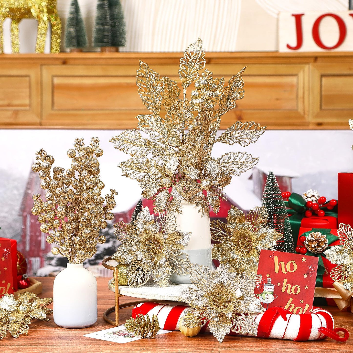 Alupssuc 24 PCS Christmas Tree Decorations, 12 PCS Poinsettia Flowers Artificial+6 PCS Glitter Holly Berry Stems+6 Berry Leaves Christmas Tree Picks for Party Wreath Fireplace, Champagne Gold