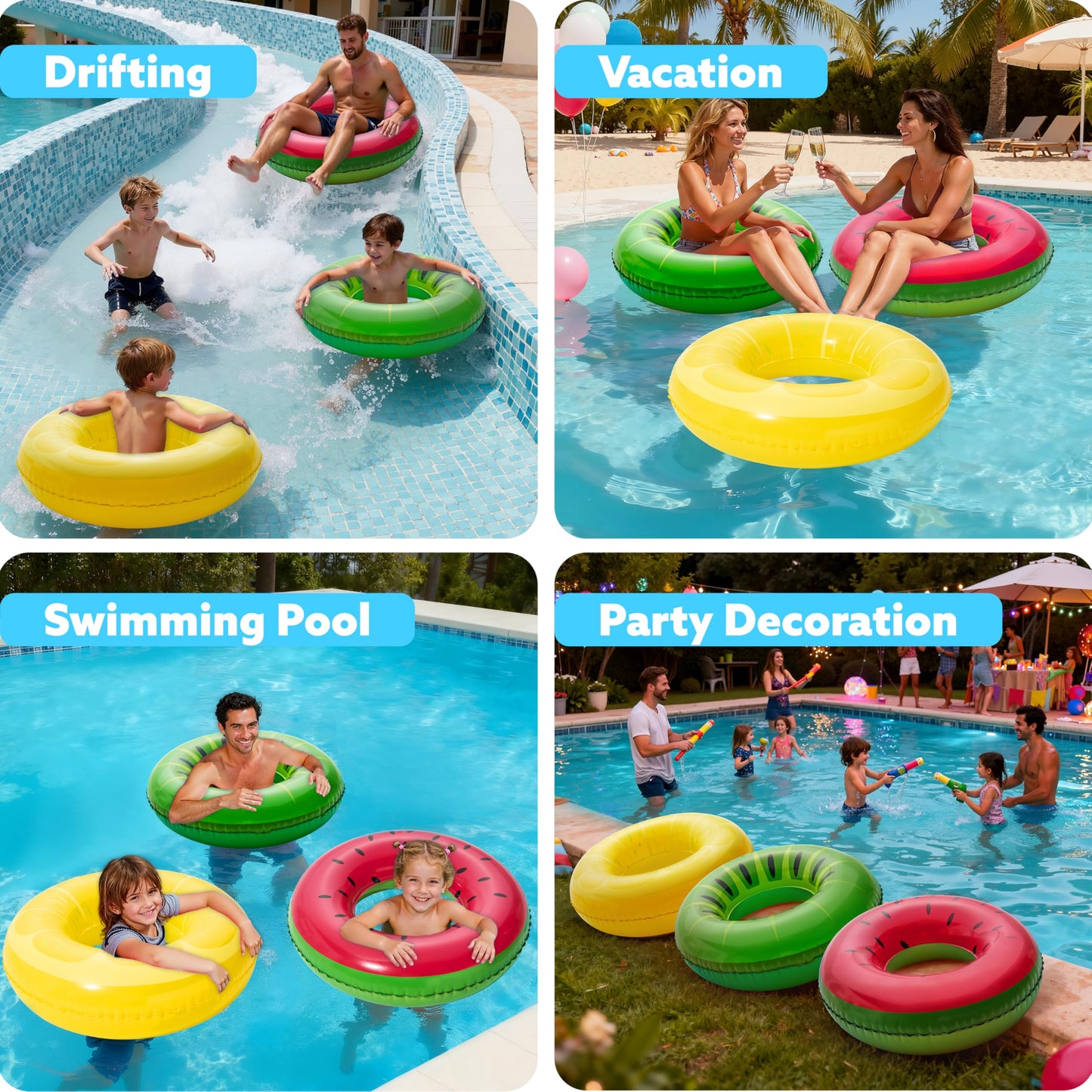 JOYIN Inflatable Swim Tube Raft (3 pack) with Summer Fruits Painting, Pool Toys for Swimming Pool Party Decorations