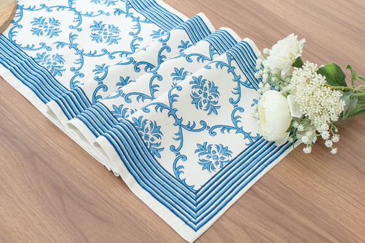 Lotus & Ivory Dark Blue Kitchen Table Runners (100% Cotton, Damask Hand Block Print, 14x90 inch, Pack of 1) Fabric Lined | No Fray Edges | for Home, Kitchen, Dining Room, Holiday, Wedding Party Décor