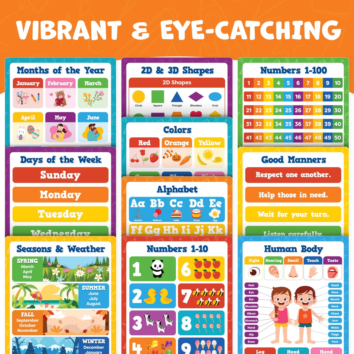 Classroom Educational Posters - 20pcs 16” x 11” - Teacher Classroom Must Haves Supplies Essentials - ABC Alphabet Poster School Supplies - Elementary Kindergarten Preschool Learning Activities