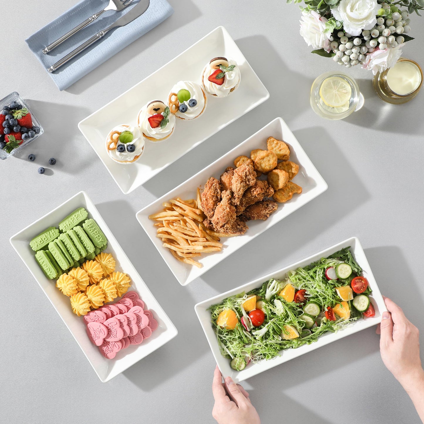 MALACASA Serving Platters Set of 4, Ceramic Serving Platters and Trays for Serving Food, Rectangular Serving Trays for Party, Large Serving Plates, Party Serving Trays and Platters - 12 Inch, White