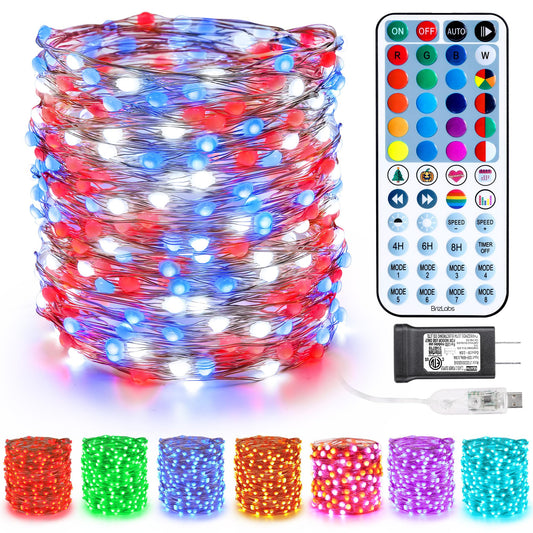 BrizLabs Color Changing Fairy Lights, 66ft 200 LED Red White Blue Fairy Lights with Remote, July 4th Lighting with Timer Dimmable Twinkle Light Music Sync for Indoor Xmas Halloween 4th of July Party
