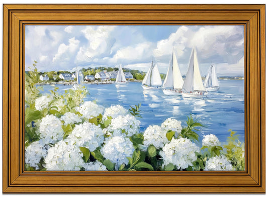 Vintage Gold Framed Coastal Wall Art, Sailboat Seascape Wall Decor, White Hydrangea Painting Picture, Sailboat Seaside Summer Landscape Poster Print, for Living room, Bedroom, Home Decoration 9x11in