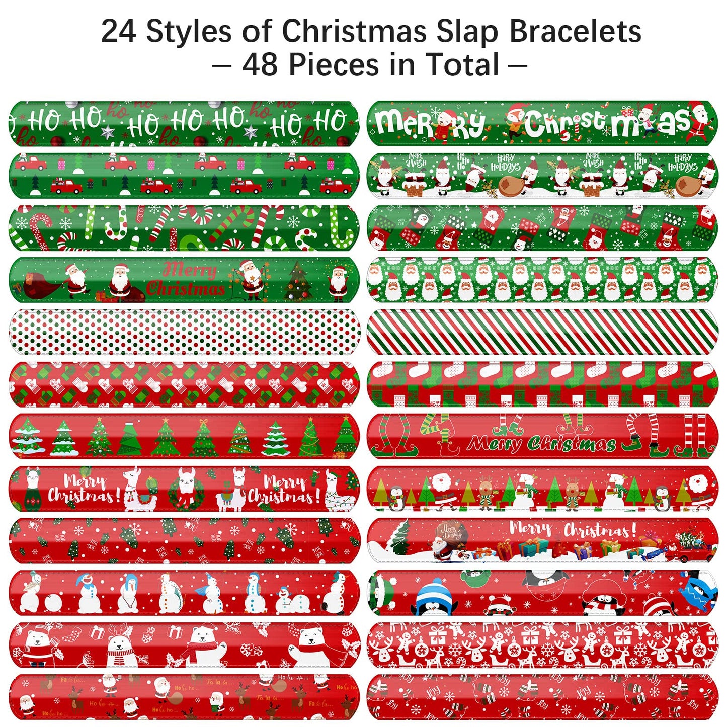 Durony 48 Pieces Christmas Slap Bracelets Xmas Slap Wristbands Bulk Assorted Christmas Theme Pattern for Party Favors Gift Bag Fillers