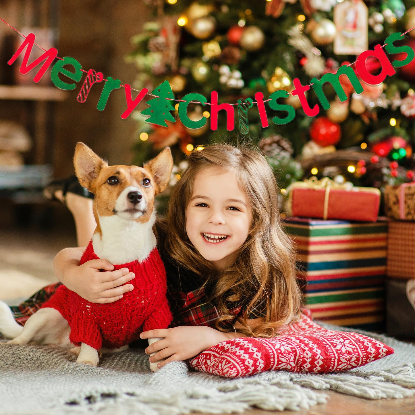 JSDJ Merry Christmas Banner with Christmas Tree Red Green Wool Felt Garland Happy Holiday Decoration Indoor Cute Hanging Decor for Mantel Fireplace Wall, Kids Bedroom, Living Room,Party Supplies