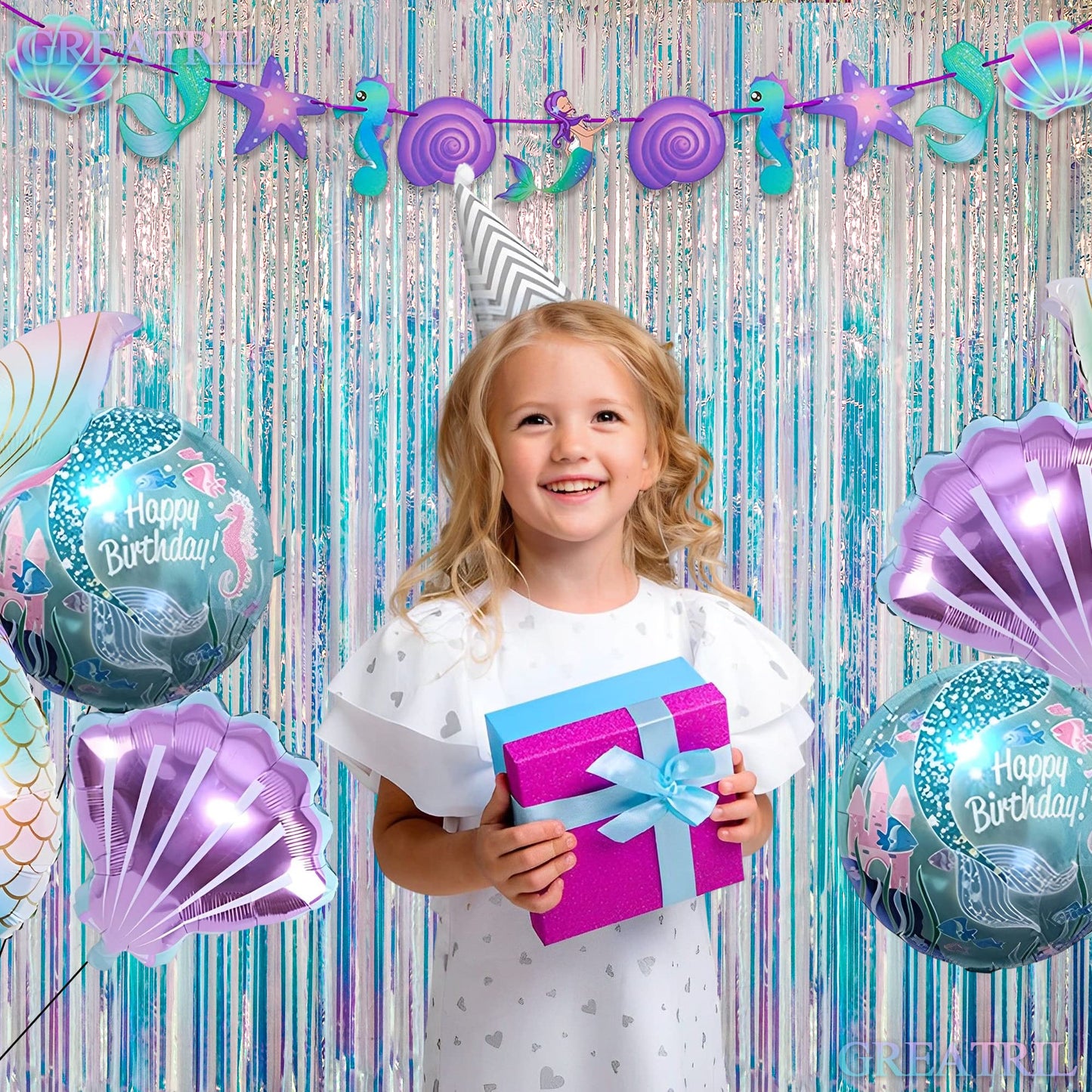 Iridescent Party Streamers Backdrop - GREATRIL Neon Transparent Holographic Tinsel Foil Fringe Curtain for Mermaid/Frozen/Sea/Euphoria/ERAS Party Theme Decorations 3.2ft x 6.5ft 2 PCS