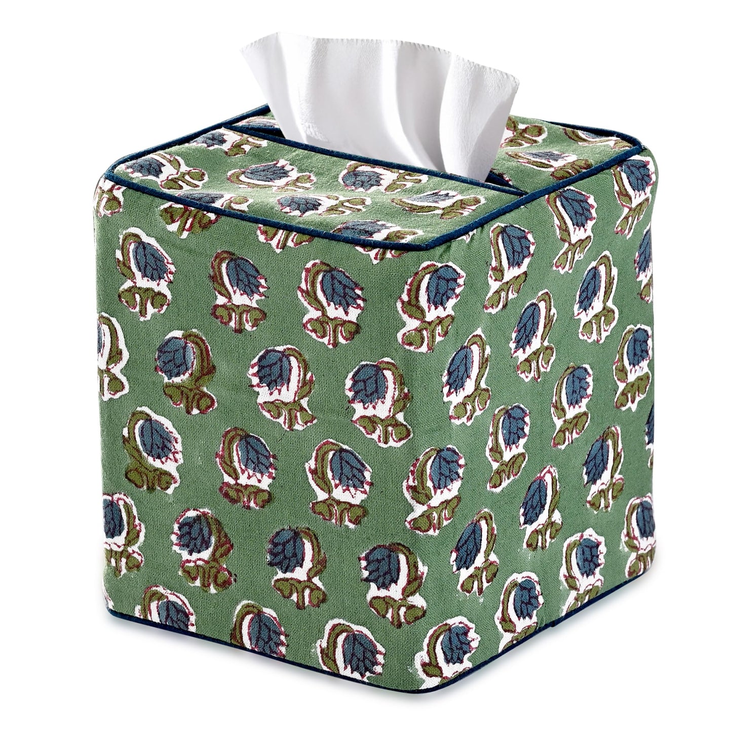 Ridhi Basil Green Block Print Tissue Box Cover Handmade Cotton Fabric Decorative Square Napkin Holder for Home Bedroom Living Room Bathroom Vanity Countertop Car Night Stands Office Kitchen