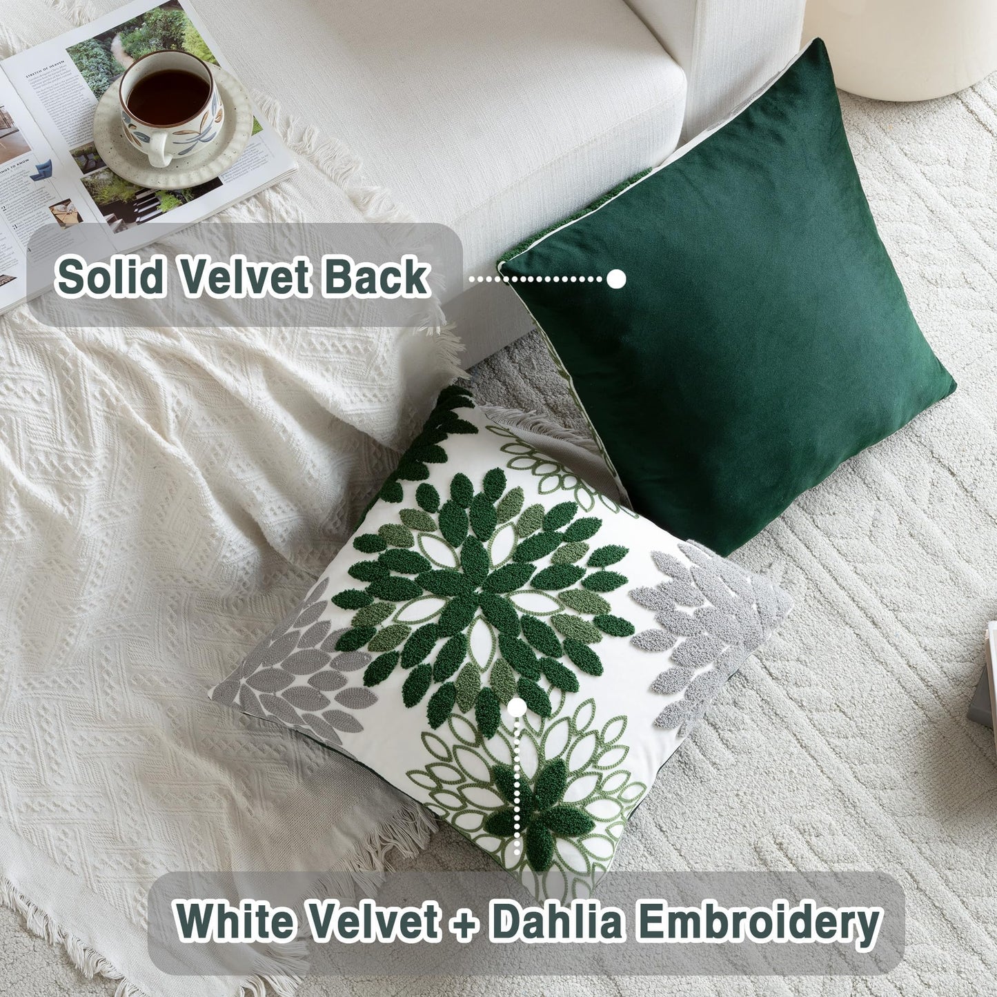 Tikeciti Embroidered Forest Green Grey Dahlia Pillow Covers, Dark Green Soft Velvet 18 x 18 Inch Throw Pillows Modern Elegant Geometric Pillowcase Decorative Cushion Case for Sofa Living Room Bedroom