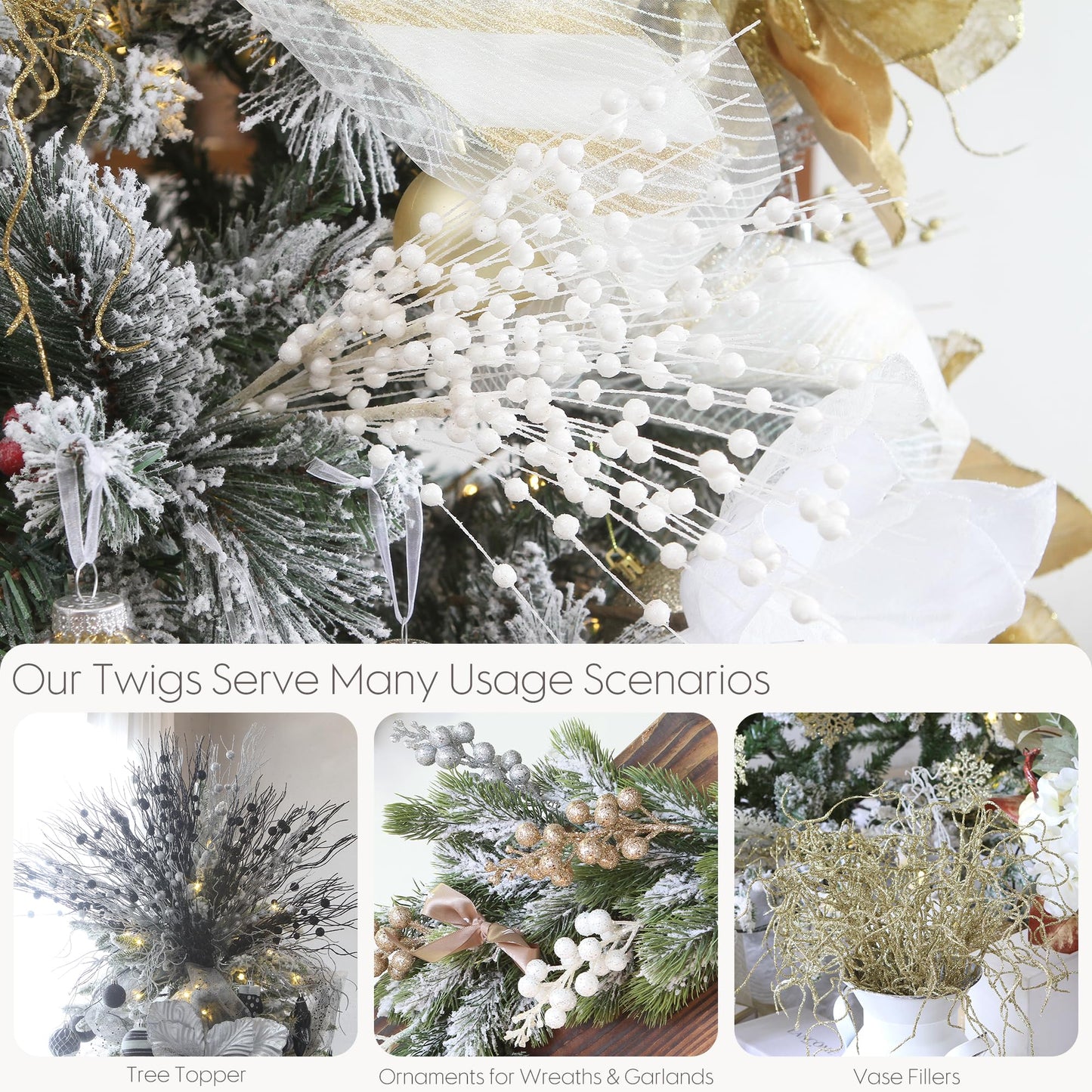 Sea Team 24-Pack Artificial Glitter Berry Stem Ornaments, Decorative Bead Sticks, Glittery Twigs, Picks, Branches for Christmas Tree, Small Vase, Holiday, Wedding, Party (17 Inches, White)