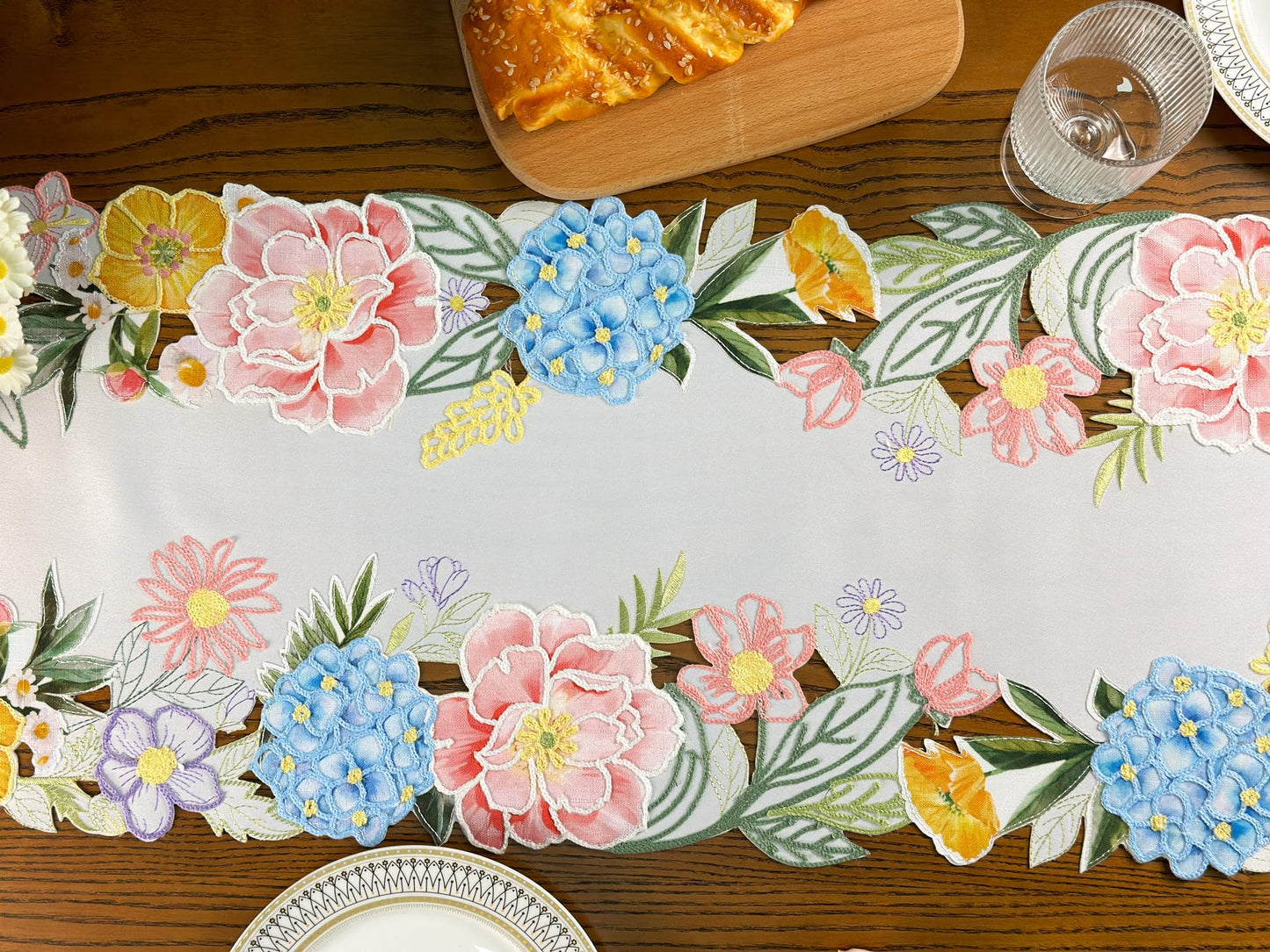 KEVA Floral Spring Table Runner 13x72inch, Flower Cutwork Embroidered Table Runner & PLACEMAT, Easter Seasonal Spring Table Decorations for Kitchen Dining Table (13x72')