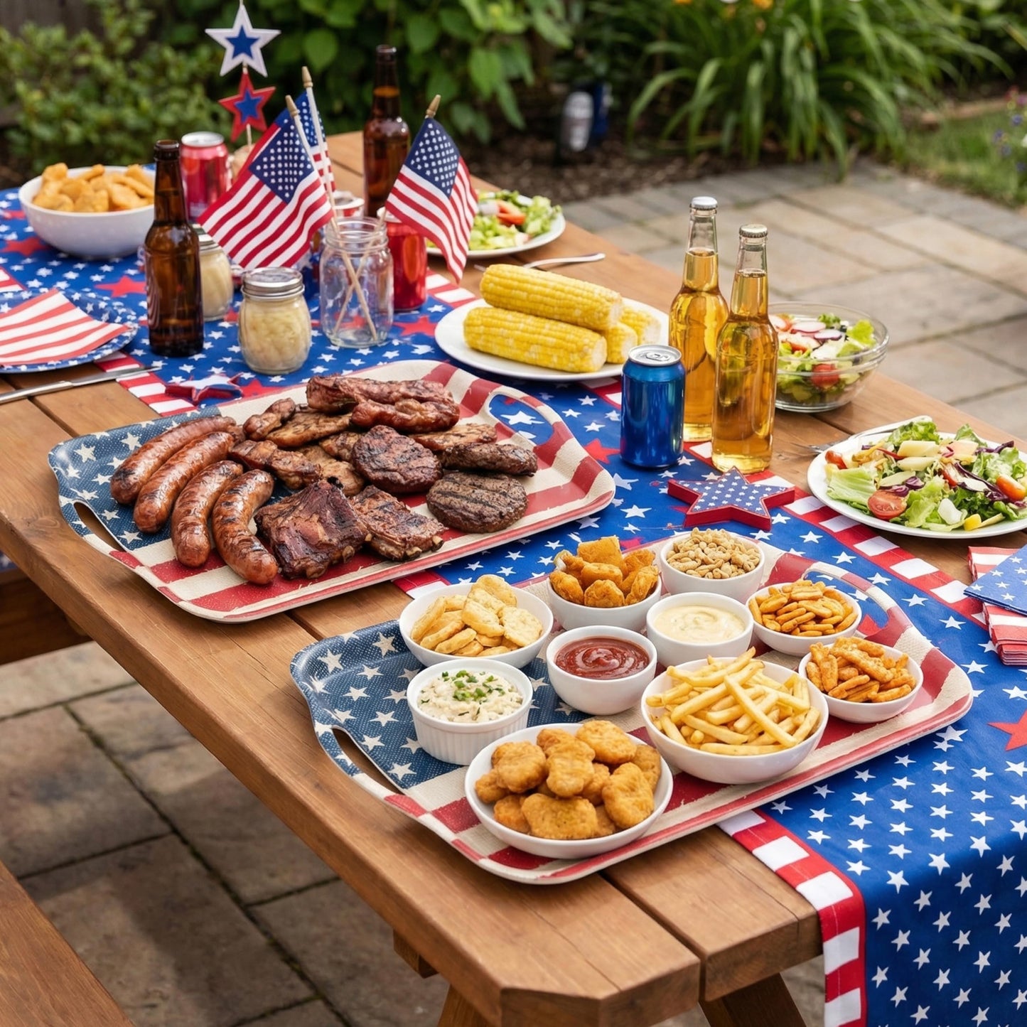 KINGEN 2-Pack Patriotic Bamboo Fiber Serving Trays - 18×13-inch Extra Large w/Handles Tray, Stars & Stripes Platters for 4th of July, Christmas, Birthday, BBQ, Party - Red, White & Blue Decor