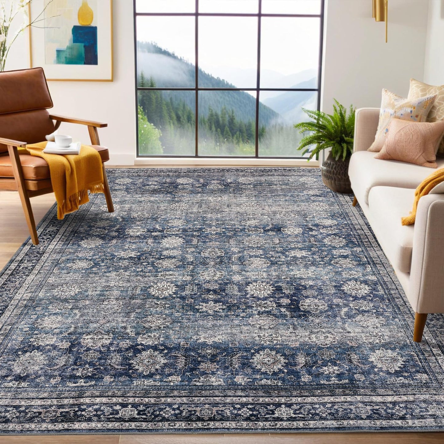 GarveeHome Washable Area Rugs 5x7 Vintage Printed Accent with Non-Slip Backing, Stain-Resistant Oriental Throw Rugs, Farmhouse Low Pile Rugs for Bedroom, Living Room, Blue