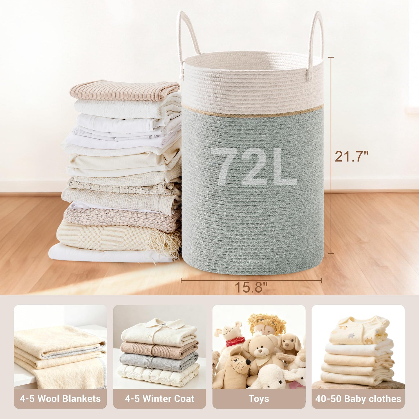 SunNewt Tall Laundry Basket with Handles, 72L Portable Dirty Clothes Hamper, Boho Cotton Rope Storage Bin for Blankets Kids Toys Gifts, Large Organizer for Baby Nursery Bedroom Bathroom, Sage Green