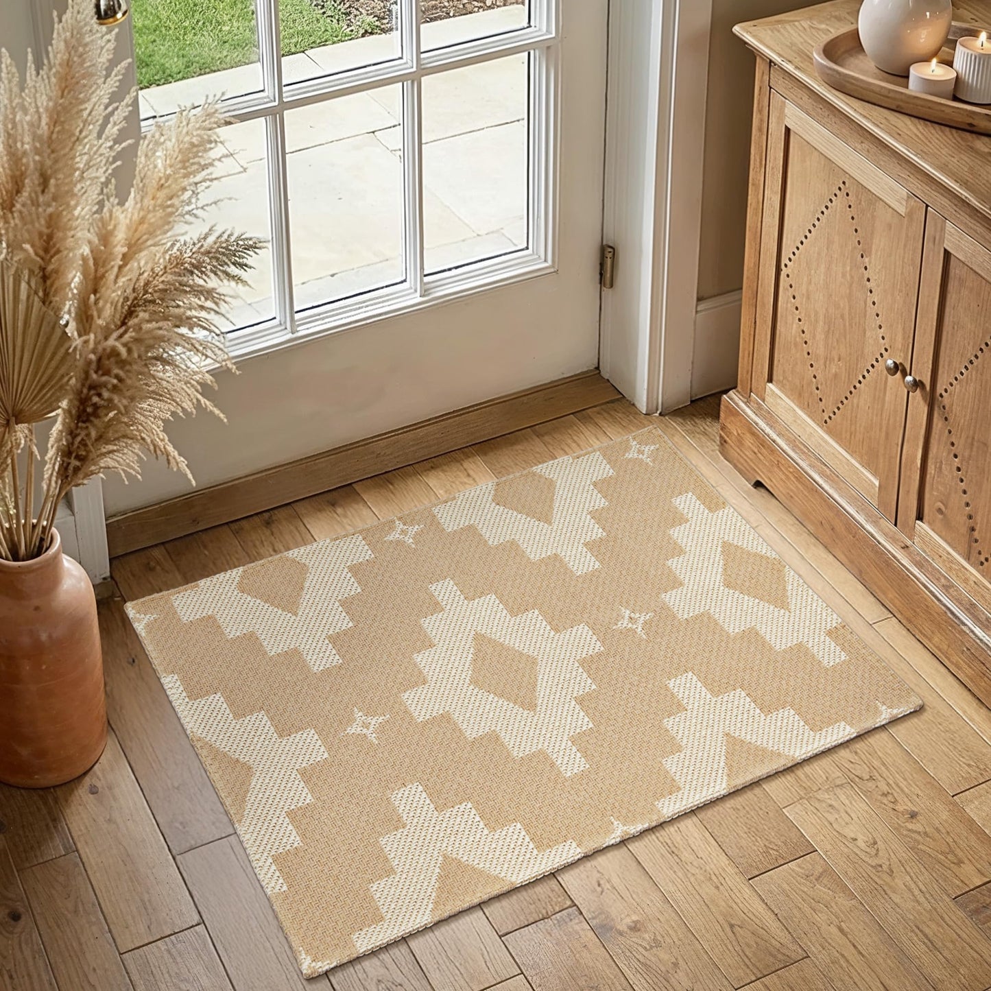 MatEssenz 2x3 Washable Entryway Rug, Woven Boho Geometric Indoor Front Door Mat, Pet Friendly Neutral Farmhouse Accent Throw Rug for Kitchen & Bedroom, Beige