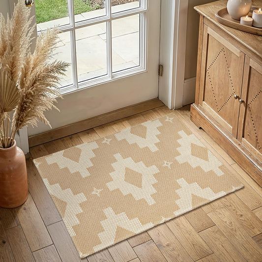 MatEssenz 2x3 Washable Entryway Rug, Woven Boho Geometric Indoor Front Door Mat, Pet Friendly Neutral Farmhouse Accent Throw Rug for Kitchen & Bedroom, Beige