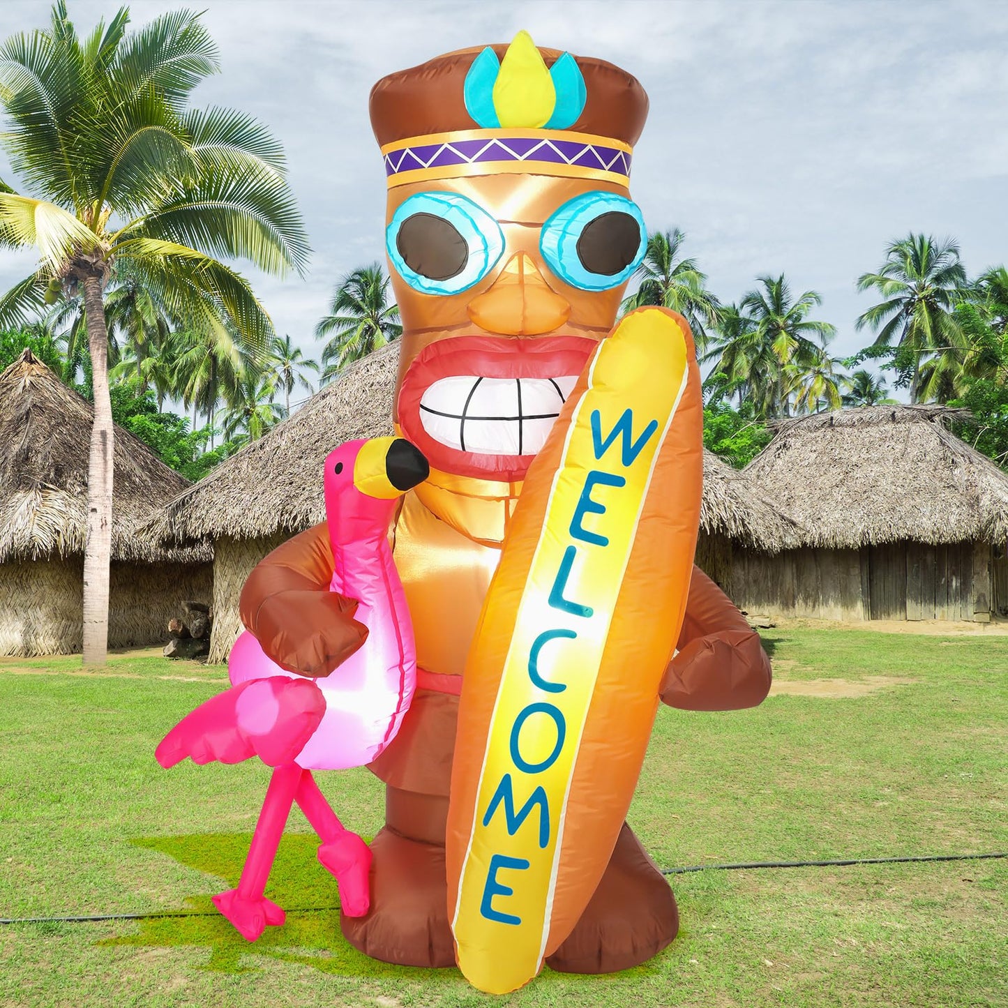 Shappy 5 ft Inflatable Tiki Flamingo Surfboard Luau Hawaiian Party Decorations Summer Inflatables Outdoor LED Lighted Tiki Blow up Beach Tropical Pool Surfing Yard Party Supplies Favors(Flamingo)
