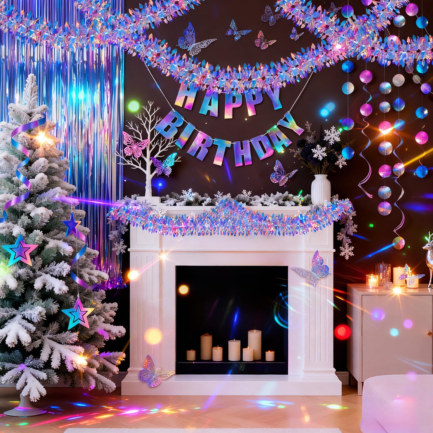 BTSD-home Iridescent Party Decorations with Hanging Honeycomb Ball Decorative Paper Fan Snowflake Garlands Ribbons Disco Party Wedding Birthday Graduation Christmas Celebration Decor Supplies