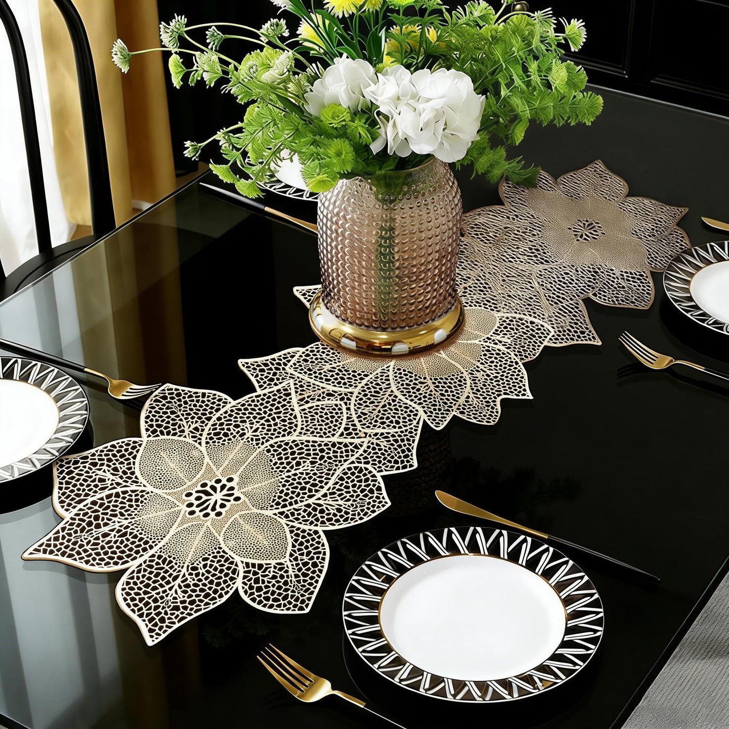 FAVE Gold Table Runner 36 Inches Flower Shaped Dining Table Runner Waterproof Washable for Wedding Banquet Birthday Party Restaurant Decor and Daily Ues(Gold Flower Shaped)