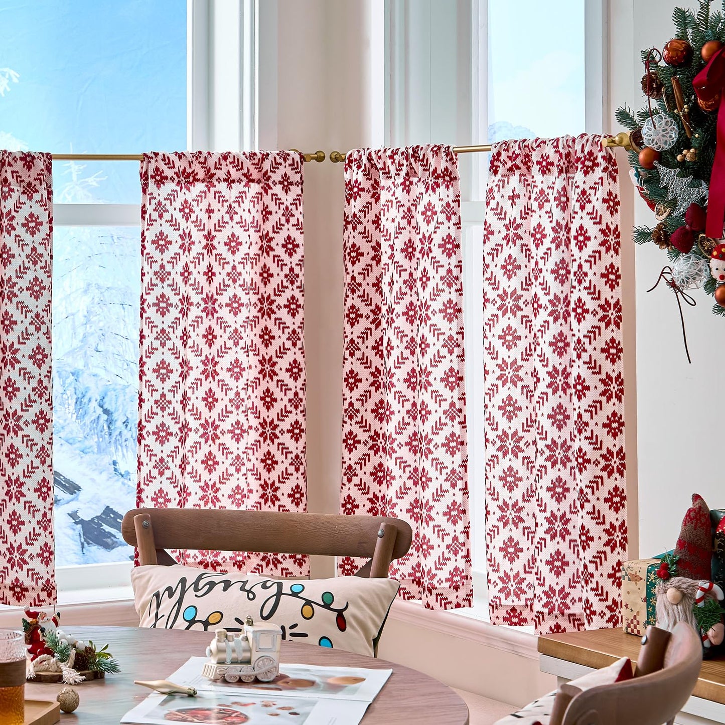 jinchan Snowflake Plaid Christmas Curtains 36 Inch Length Cafe Curtain Red Faux Canvas Textured Knit-Look Tier Curtains Holiday Christmas Decorations for Living Room Small Windows Rod Pocket 2 Panels