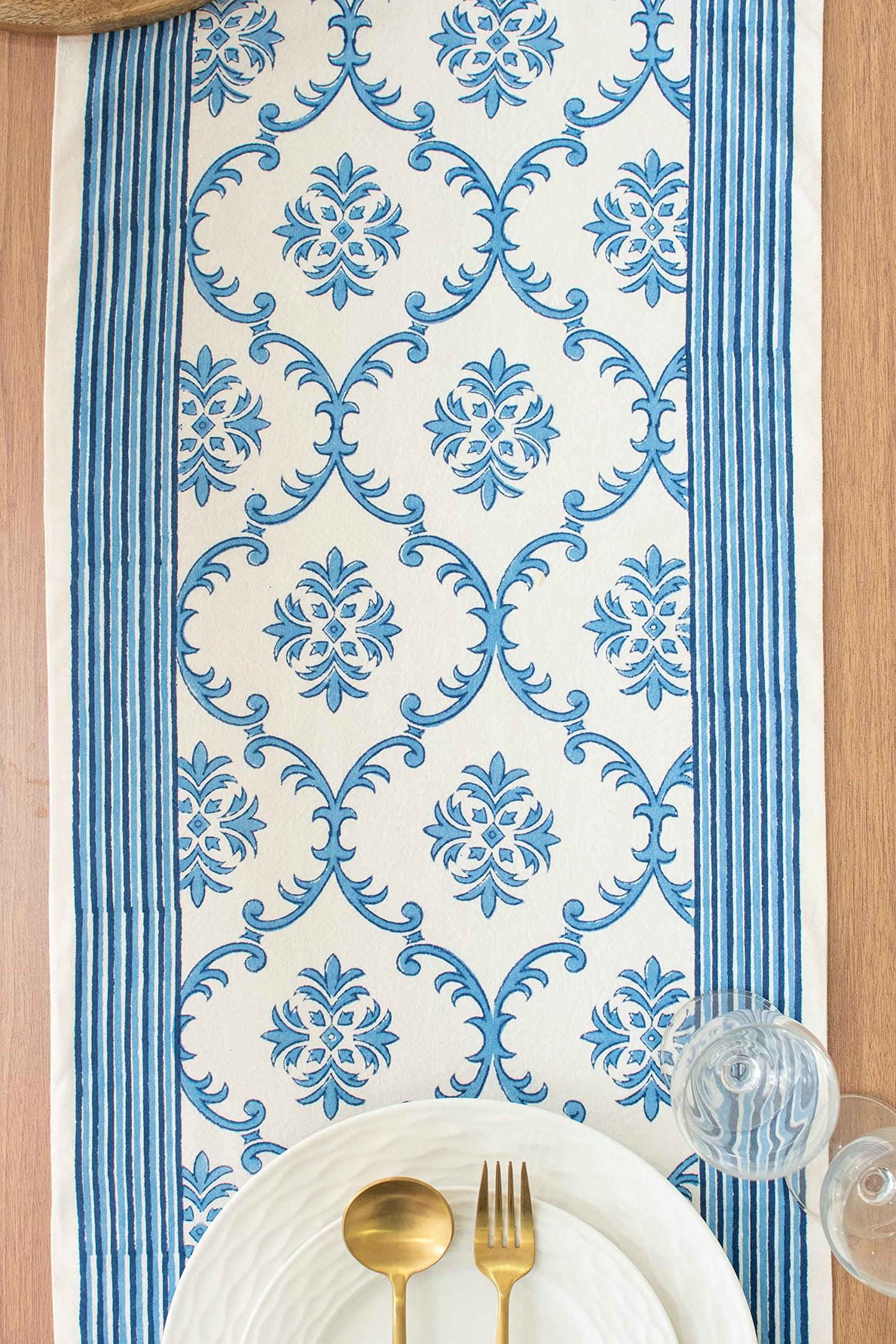 Lotus & Ivory Dark Blue Kitchen Table Runners (100% Cotton, Damask Hand Block Print, 14x90 inch, Pack of 1) Fabric Lined | No Fray Edges | for Home, Kitchen, Dining Room, Holiday, Wedding Party Décor