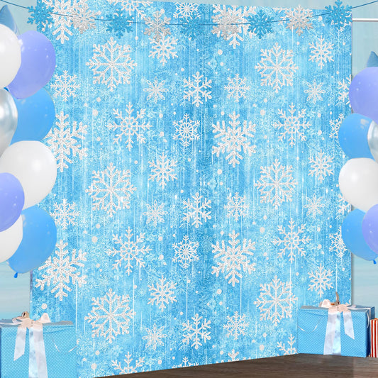 ILUIGGW Party Decorations Foil Fringe Curtains, 2Pack Snowflake 3.3x6.6ft Tinsel Foil Fringe Curtains Winter Photo Booth Prop Backdrops, Blue Snowflake