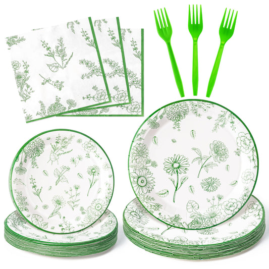 G1ngtar 96Pcs Sage Green Floral Party Plates Supplies Green Toile Chinoiserie Flower Tableware Decorations Disposable Paper Plates Napkins Forks for Birthday Spring Summer Party Wedding, Serves 24