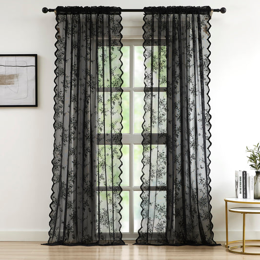 Bujasso Black Lace Curtains Vintage Floral Black Sheer Curtains 84 inch Rod Pocket Light Filtering Victorian Gothic Scalloped Black Lace Sheer Drapes for Living Room Bedroom Halloween 54" Wx84 Lx2