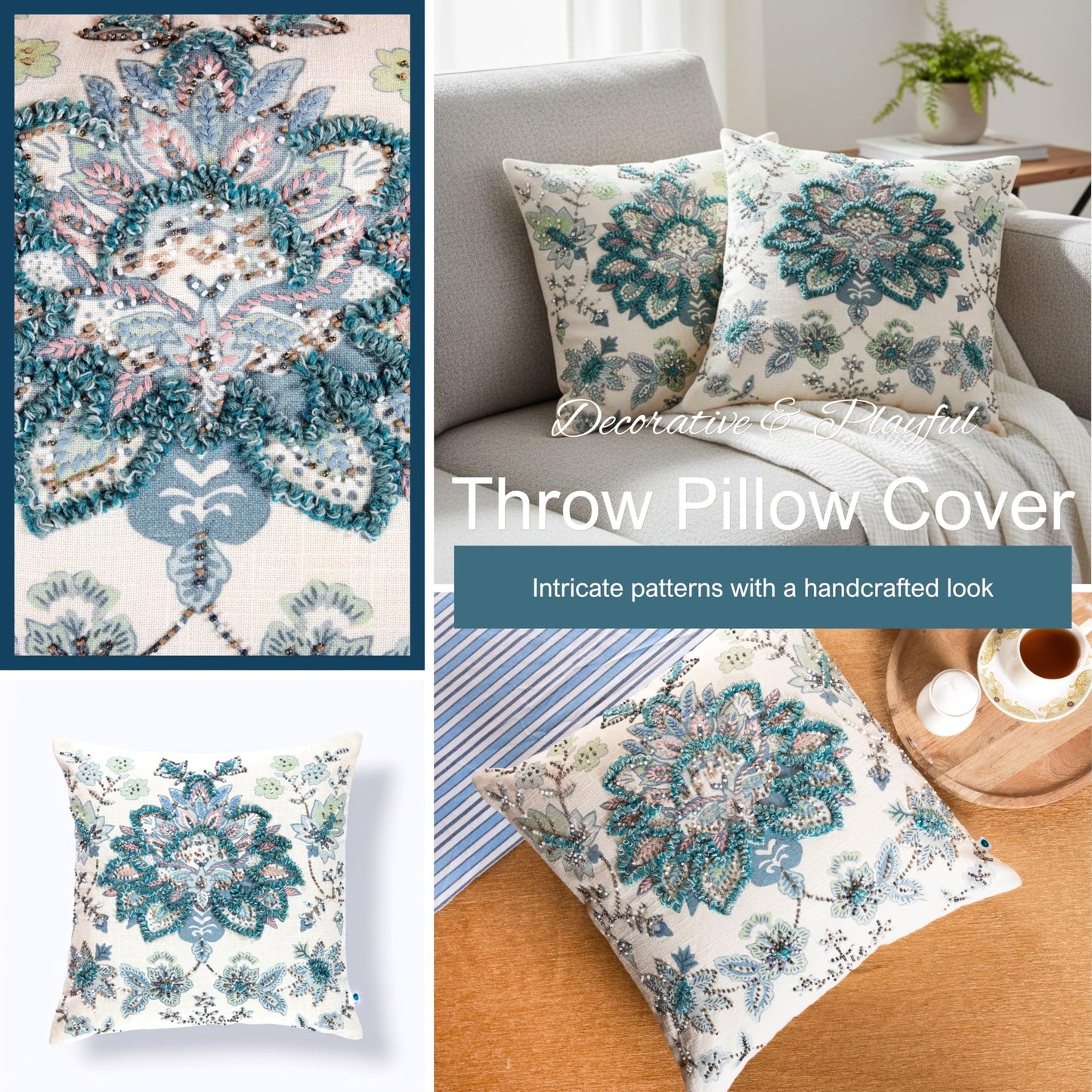 FINGERCRAFT Decorative Throw Pillow Cover Pack of 2 Soft Cotton Embroidered Cushion Cover, Couch Sofa Living Room Pillow Case 18 X 18 Inch Blue Meadow