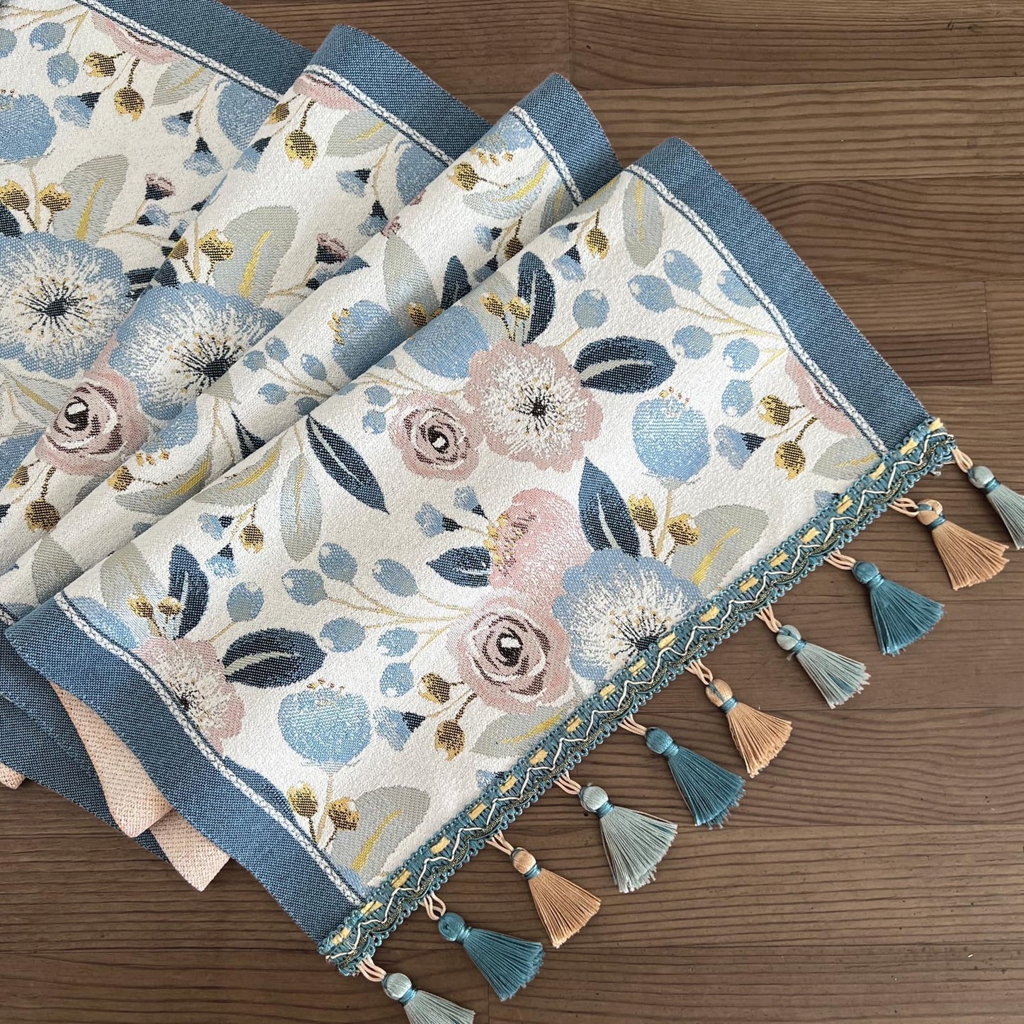 QGenuine Floral Table Runner with Tassel Edges, Cotton Blend Decorative Runner for Dining Table, Spring Table Decor