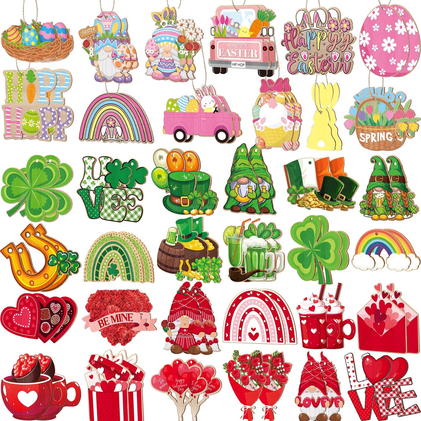 Anglechic 72 Pcs Valentine's Day Hanging Ornaments for Tree St. Patrick's Day Shamrocks Gnome Hanging Ornaments Happy Easter Egg Gnome Bunny Chick Cutouts Party Decorations(Flat Style,Wood)