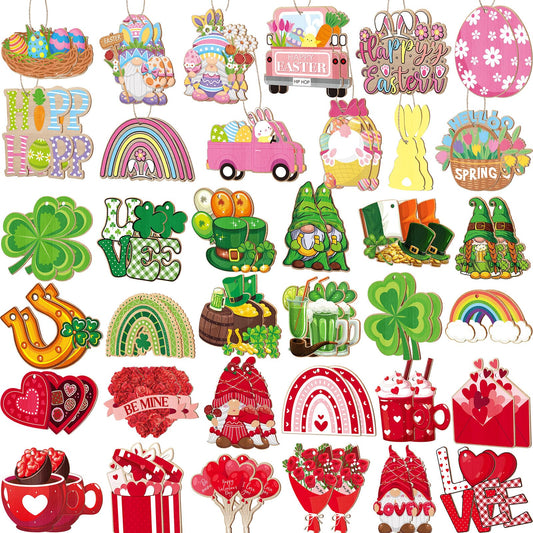 Anglechic 72 Pcs Valentine's Day Hanging Ornaments for Tree St. Patrick's Day Shamrocks Gnome Hanging Ornaments Happy Easter Egg Gnome Bunny Chick Cutouts Party Decorations(Flat Style,Wood)