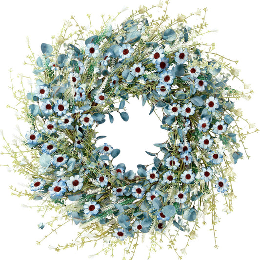 Sggvecsy Blue Daisy Wreath 24 Inch Spring Summer Fake Silk Floral Wreath with Green Eucalyptus Leaves and Lavender for Front Door Window Wall Wedding Farmhouse Festival Decor