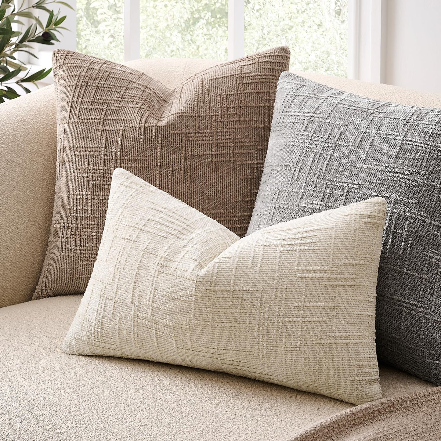 GriNeed Throw Pillow Covers Neutral Khaki Set of 2 18x18 Inch Pillow Covers, Soft Chenille Decorative Pillowcases for Couch Sofa Bed Living Room, Home Boho Decor, Modern Farmhouse Cushion Covers