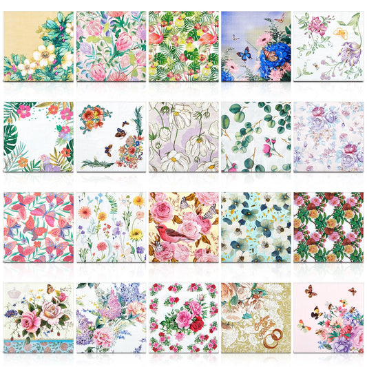 Crtiin 20 Pack Decoupage Napkins Floral Napkins Flower Cocktail Paper Decorative Toilet for Valentine's Day Birthday Party Beautiful Gorgeous, 20 Styles Each 6.5 Inches(Style 1)