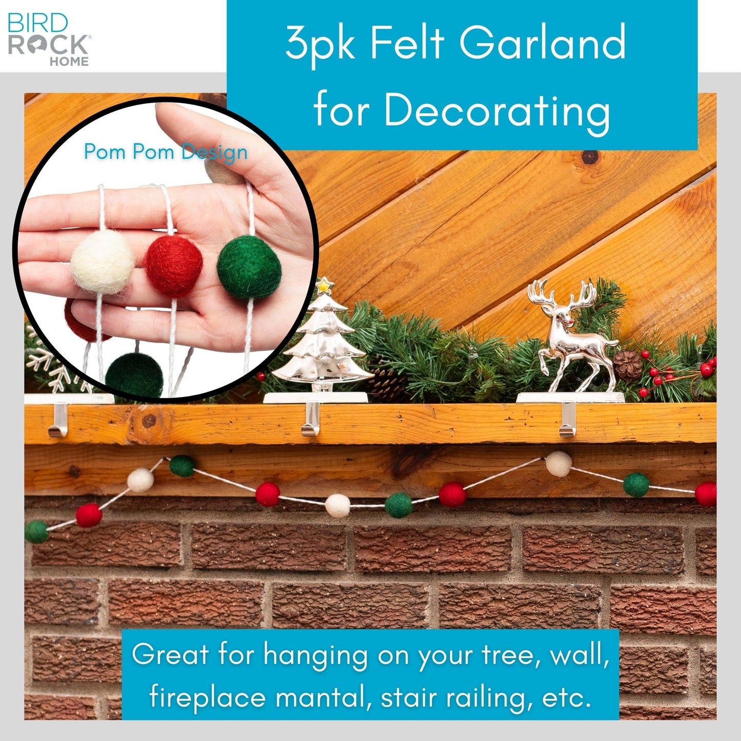 BIRDROCK HOME 3-Pack Felt Garland | 6.5ft or 78in Long Christmas Decoration with 24 Pom Pom Balls in Red, White & Green. Ideal for Trees, Fireplace Mantels, Stairs, Walls & Festive Holiday Decor Ideas