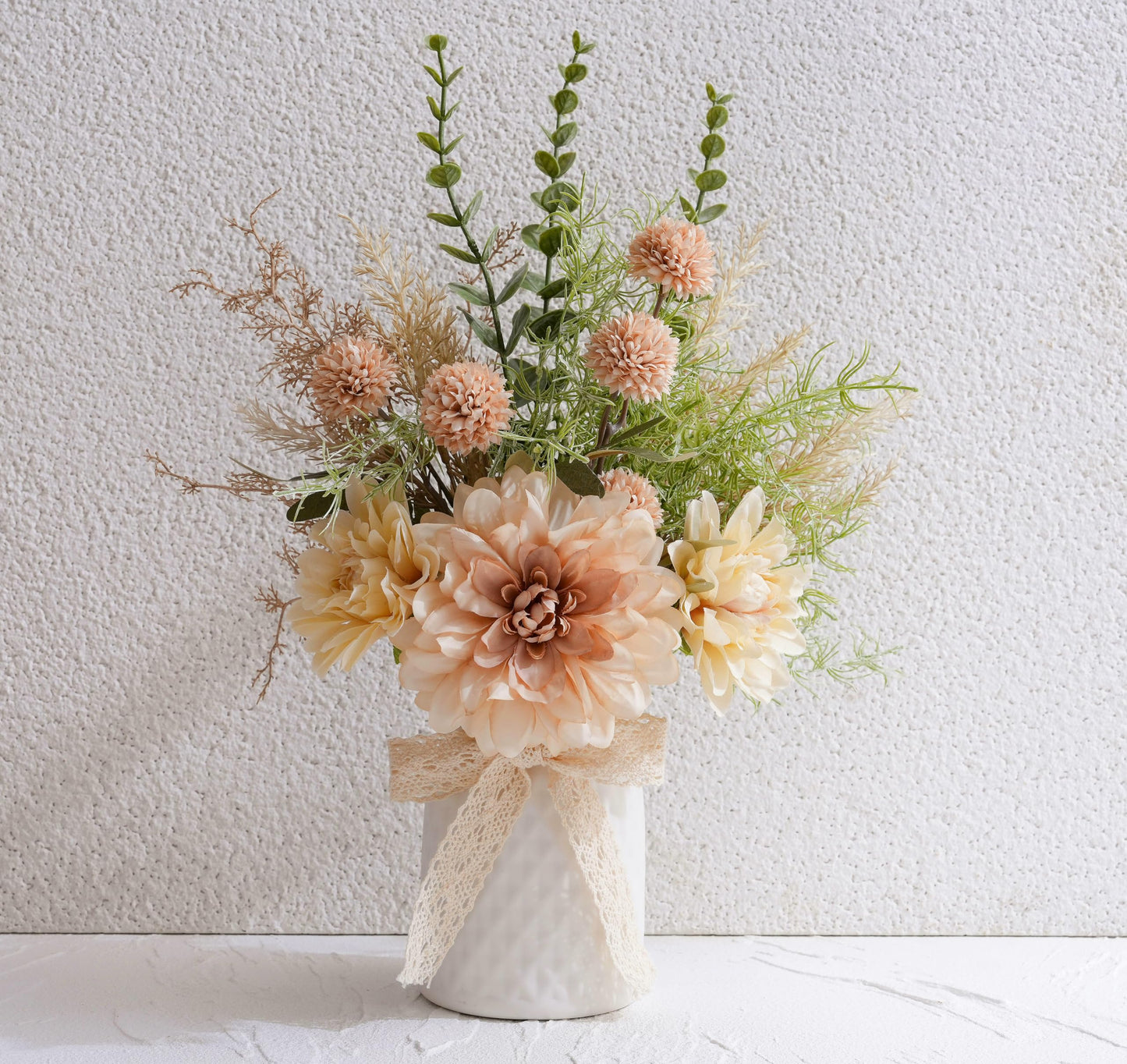 LUEUR Artificial Flowers in Ceramic Vase Centerpieces – Silk Flower Arrangement for Coffee Table Decor, Faux Flower Bouquet for Home Indoor Decoration, Bathroom, Dining Room, Seasonal Spring Decor