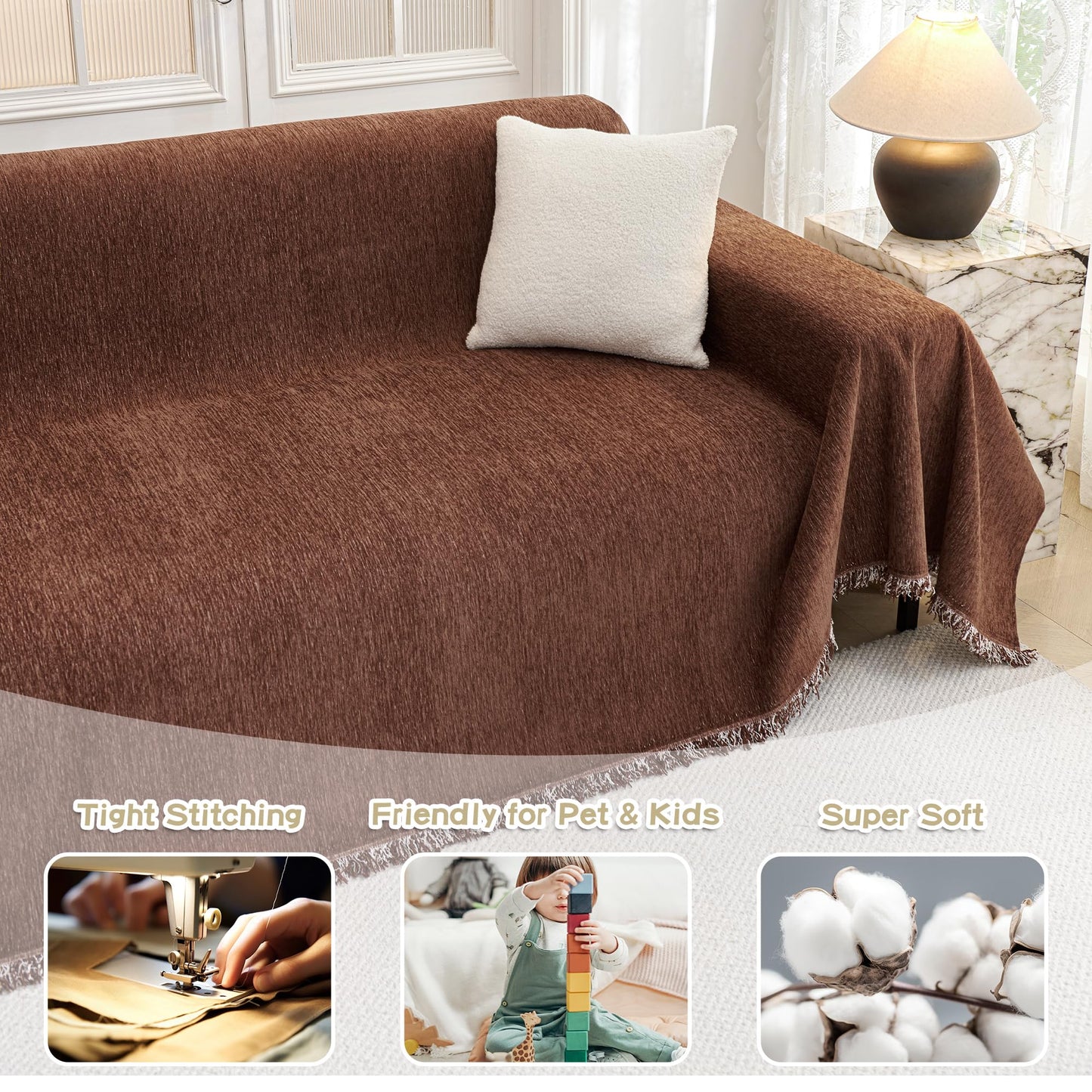 MYSKY HOME Sofa Covers for 2 Cushion Dogs - Boho Textured Soft Washable Decorative Couch Covers with Tassels, 71"x118", Chocolate