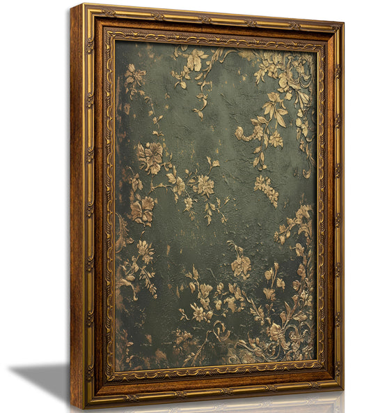 Vexlynora Vintage Gold Framed Dark Green Floral Wall Art - Ornate Gold Flower Canvas luxurious Textured Cottagecore Flower Picture Wall Decor for Living Room Bedroom Farmhouse Home 9X11in