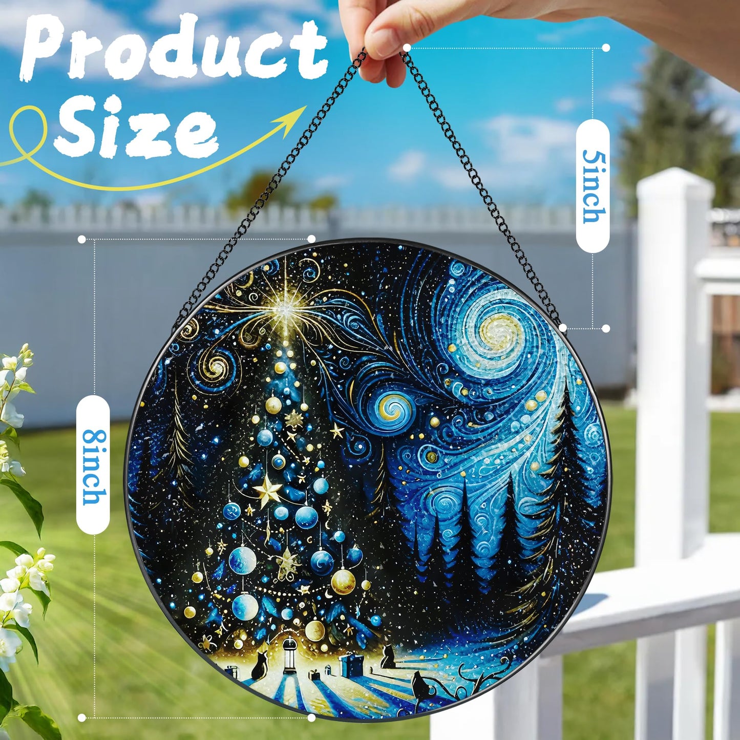 DOUHASU 8″ Starry Night Christmas Tree Stained Glass Suncatcher Ornament, Stained Glass Window Hanging — Holiday Window Ornament | Gift for Christmas, Holiday Present Idea, Gift Exchange, Gifts Idea