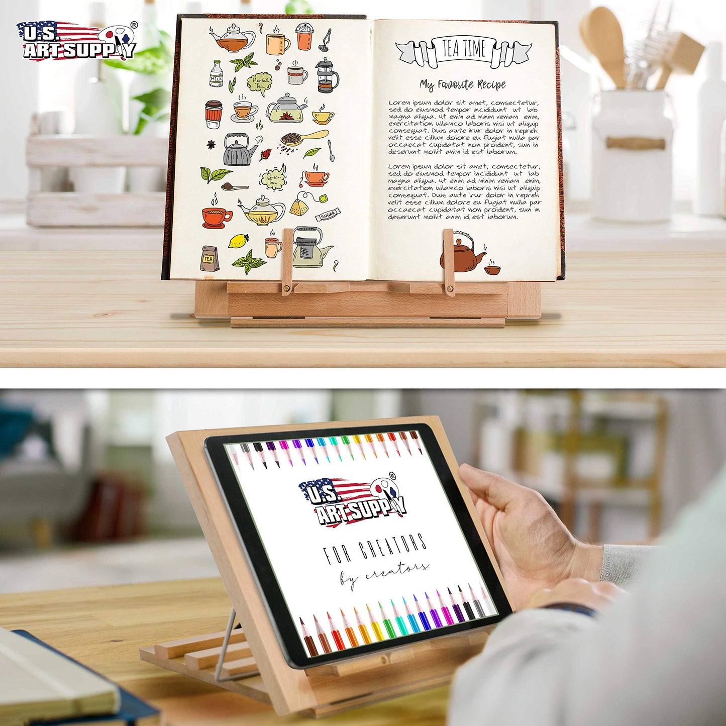 U.S. Art Supply Large Wooden Table Easel - Adjustable Incline, 2 Page Holders - Functions as Wooden Cookbook Stand, Kitchen Countertop Recipe Rack, Tablet Rest & Cook Book Holder for Kitchen Counter