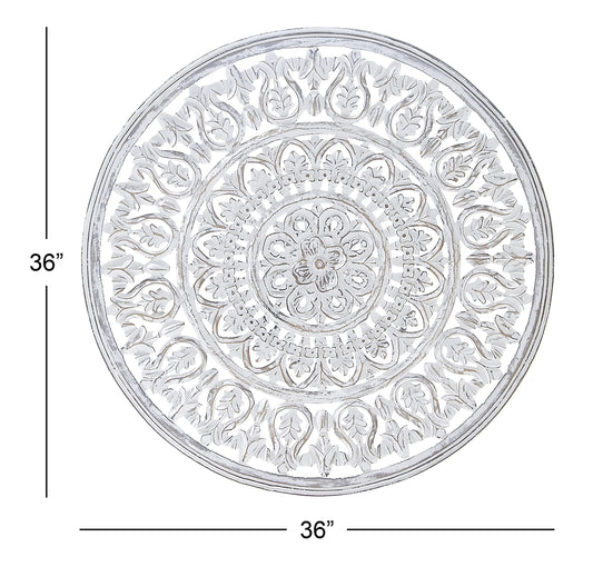 Deco 79 Wood Floral Handmade Intricately Carved Round Mandala Wall Decor, 36" x 1" x 36", White
