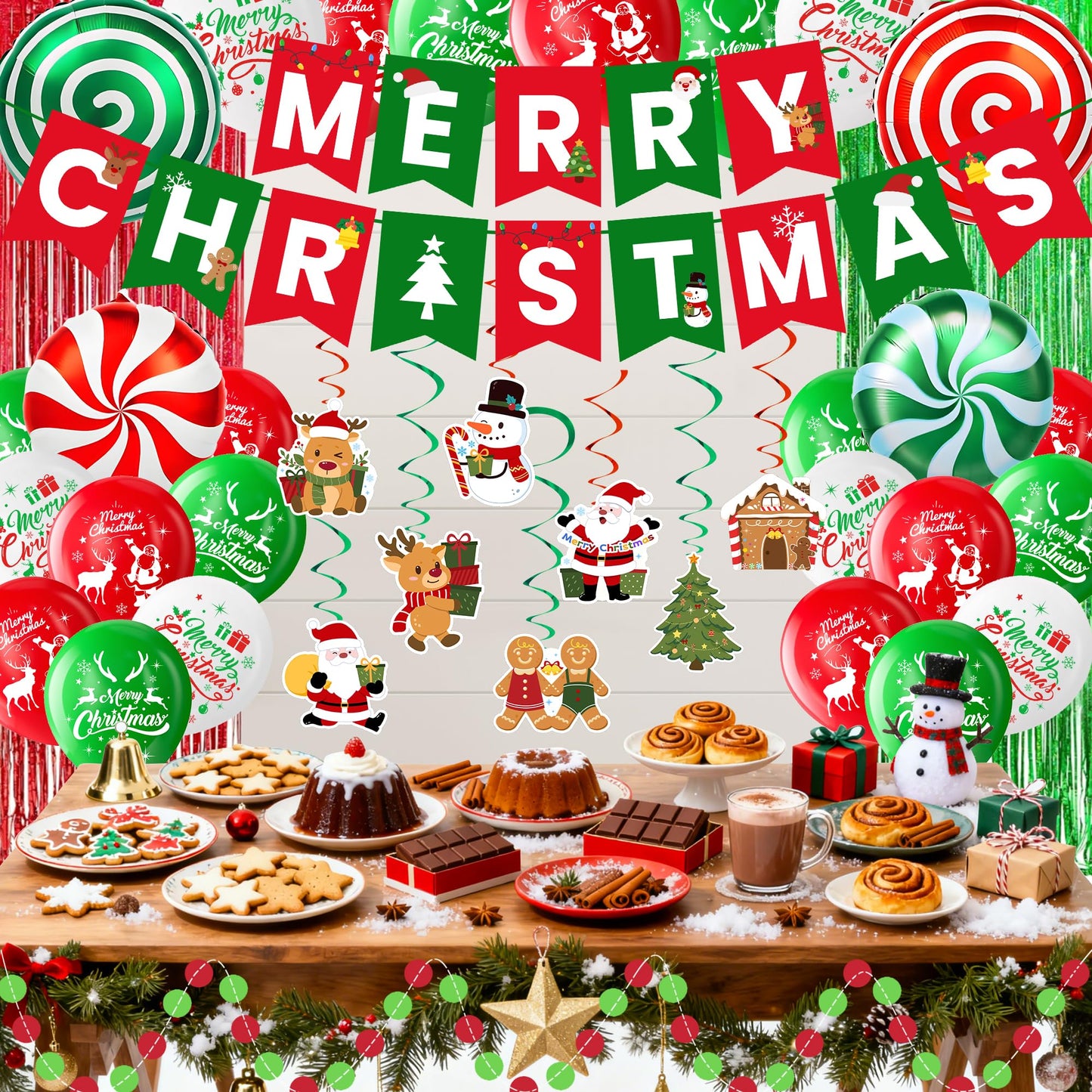 Christmas Party Supplies Decorations Set, Merry Christmas Banner, Foil Balloons, Hanging Swirls, Red and Green Metallic Fringe Curtains, Circle Dots Garland