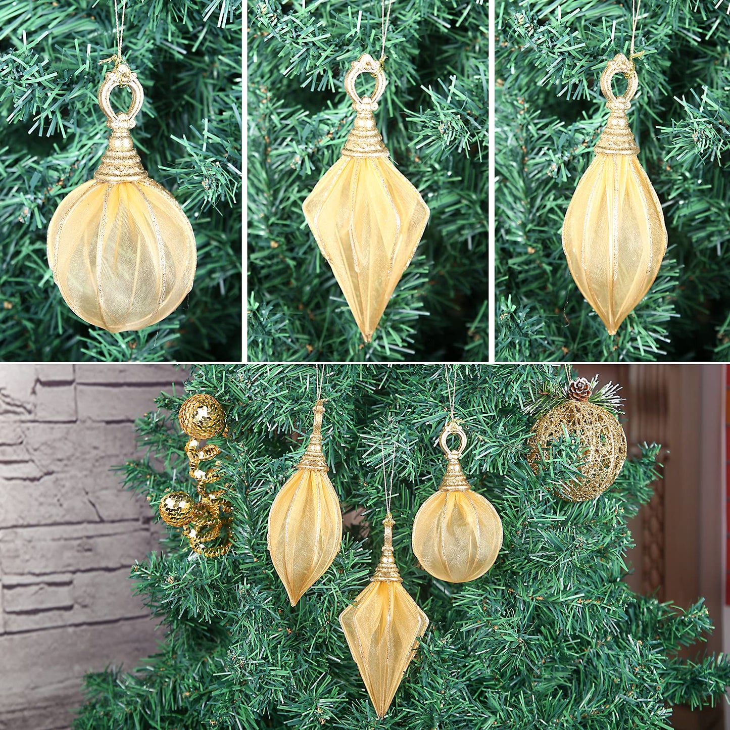 Christmas Ball Ornaments, 6pc Set Gold Rugby,Round Ball, Diamond Pendant Christmas Decorations Hanging,Suitable for Gifting Xmas Tree Decorations Wedding Party Holiday