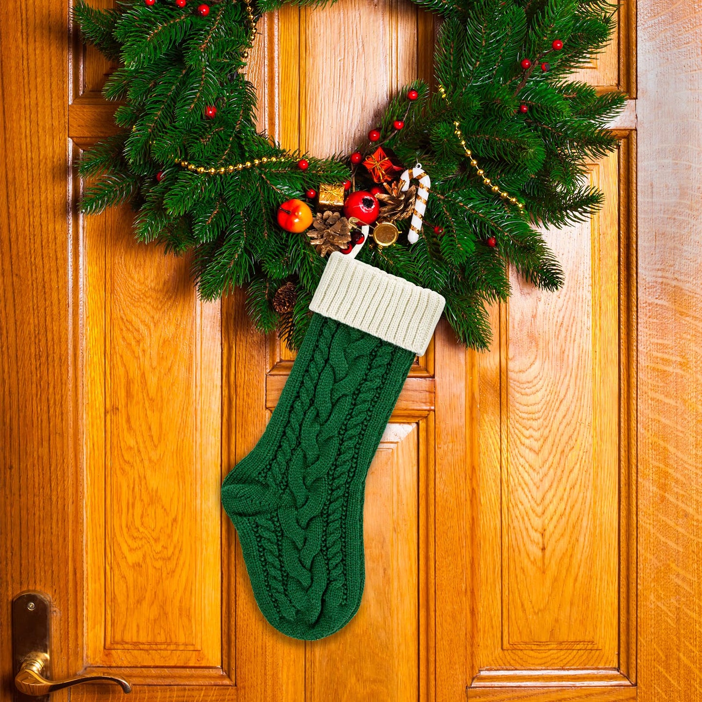 PETOX 2 Pack 18" Personalized Christmas Stockings, 18inch Large Cable Knitted Xmas Hanging Stocking Decorations for Holiday Christmas Party Family Decor (Lvory/Green)