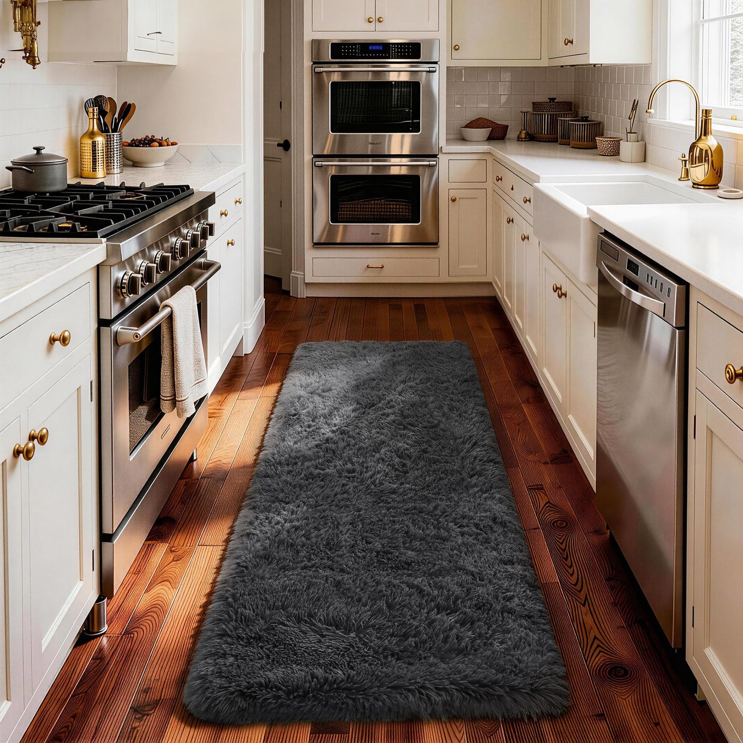 Ophanie Runner Rug for Hallway, 2x5 Upgrade Non-Slip Fluffy Soft Bedside Rugs, Bedroom Living Room Grey Shaggy Gray Carpet for Kids Girls Boys Dorm Nursery Home Decor Aesthetic